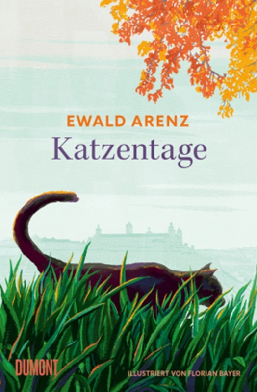 Auf dem Bild ist das Cover des buches Katzentage von Ewald Arenz zu sehen, welches im Dumont Verlag erschien und Illustrietwurde von Florian Bayer; Es ist eine Wiese zu sehen durch die Wiese läuft eine schwarze Katze. in der rechten oberen Ecke sieht man einen Baum, der orangene Blätter trägt. 