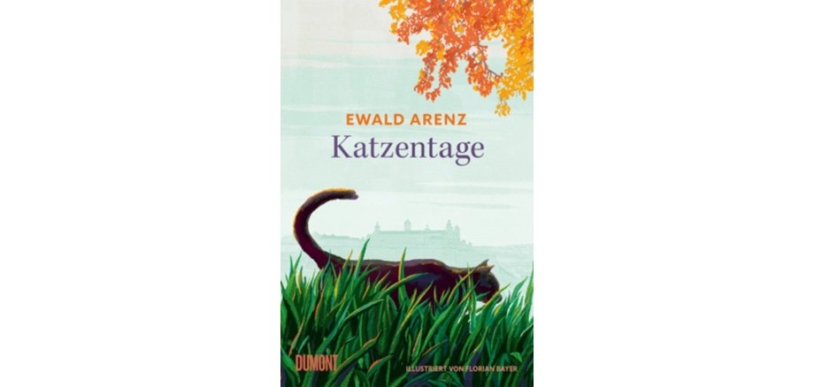 Auf dem Bild ist das Cover des buches Katzentage von Ewald Arenz zu sehen, welches im Dumont Verlag erschien und Illustrietwurde von Florian Bayer; Es ist eine Wiese zu sehen durch die Wiese läuft eine schwarze Katze. in der rechten oberen Ecke sieht man einen Baum, der orangene Blätter trägt.