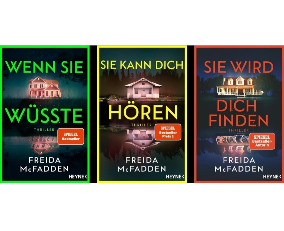 Es ist eine Collage der Cover der im Text beschriebenen Buchvorstellung zu sehen. Alle Buchcover sind dunkel gestaltet, die Titel stehen auf den Büchern und die Autorin. Auf allen Büchern ist ein Haus abgebildet. 