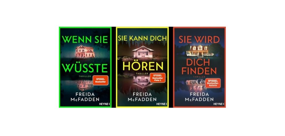 Es ist eine Collage der Cover der im Text beschriebenen Buchvorstellung zu sehen. Alle Buchcover sind dunkel gestaltet, die Titel stehen auf den Büchern und die Autorin. Auf allen Büchern ist ein Haus abgebildet.