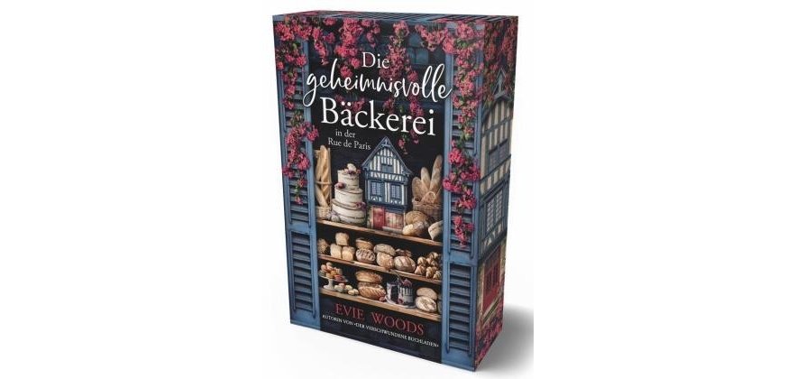 Es ist das Cover des Buches Die geheimnisvolle Bäckerei zu sehen; von der Autorin Evie Woods; auf dem Cover sind rosa Blumen zu sehen und ein Regal in dem Backwaren liegen; es ist ein blau weißes Haus zu sehen.