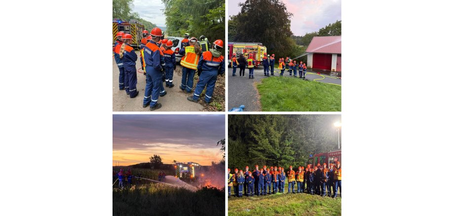 Collage mit vier Fotos von Übungen der Jugendfeuerwehr: Jugendliche in Schutzkleidung bei einem Einsatztraining, bei einer Löschübung an einem Feuerwehrhaus, bei einer Wasserübung im Freien bei Sonnenuntergang und als Gruppe vor einem Feuerwehrfahrzeug.