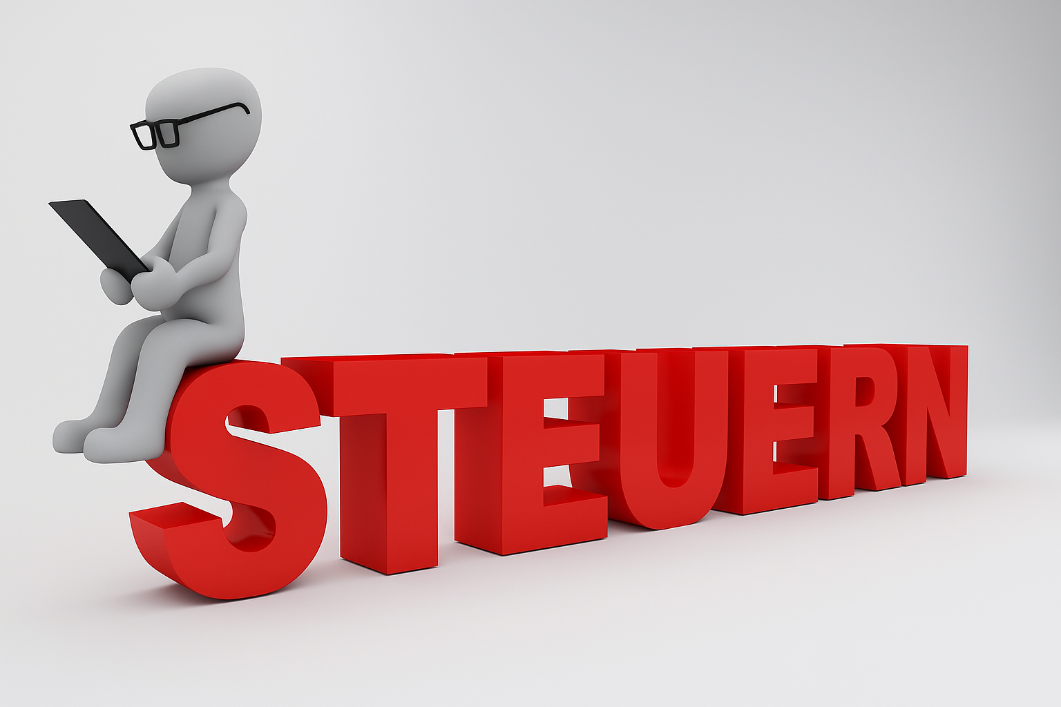 Das Wort Steuern in rot und 3 D, Hintergrund weiß, auf dem Buschstabe S sitzt eine weiße Figur mit schwarzer Brille am Kopf und einem schwarzen Klemmbrett in der Hand