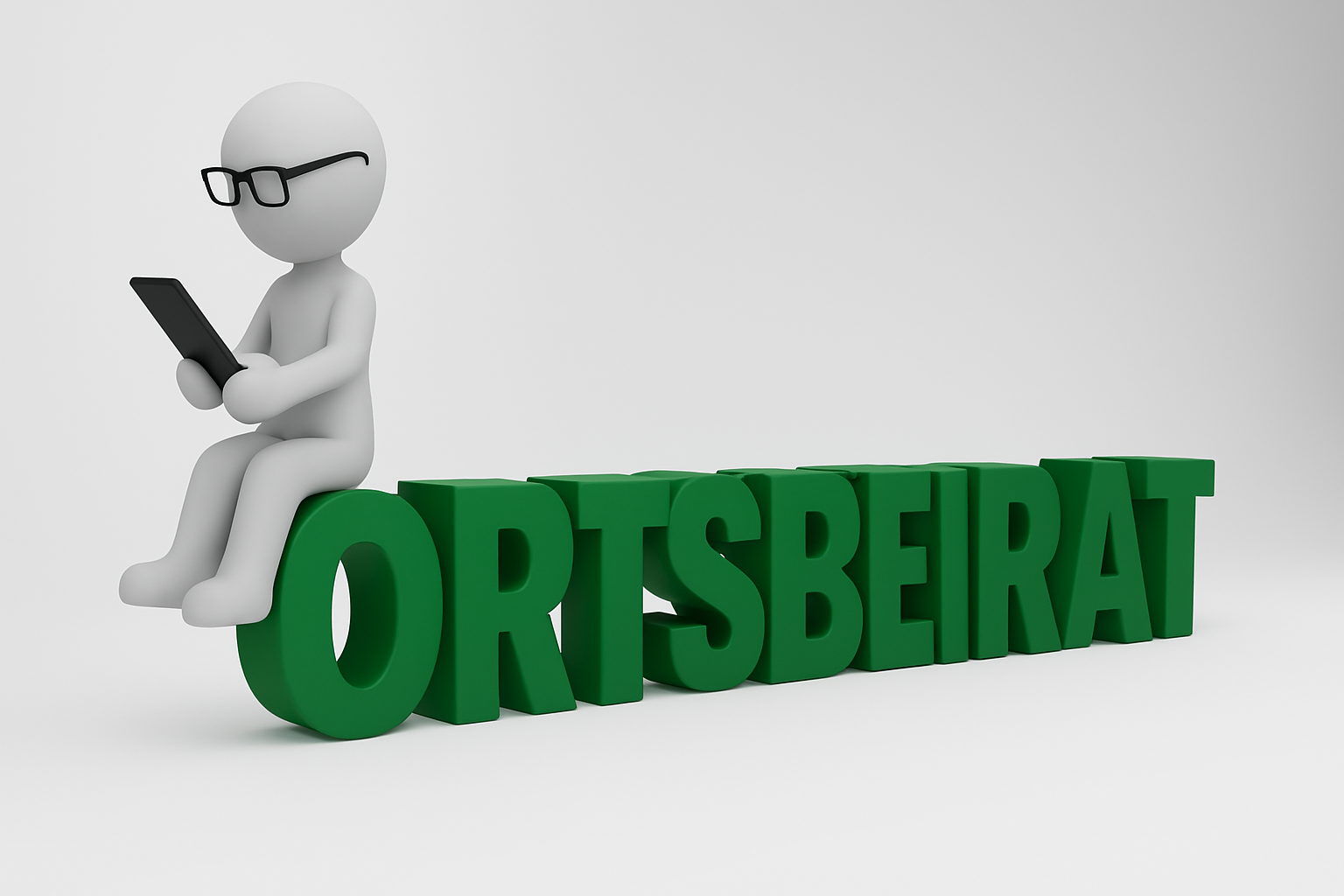 Auf dem Bild ist eine weiße Figur sichtbar, die auf dem in 3D geschriebenen Wort Ortsbeirat sitzt. Sie hat eine schwarze Brille auf und ein schwarzes Handy in der Hand.