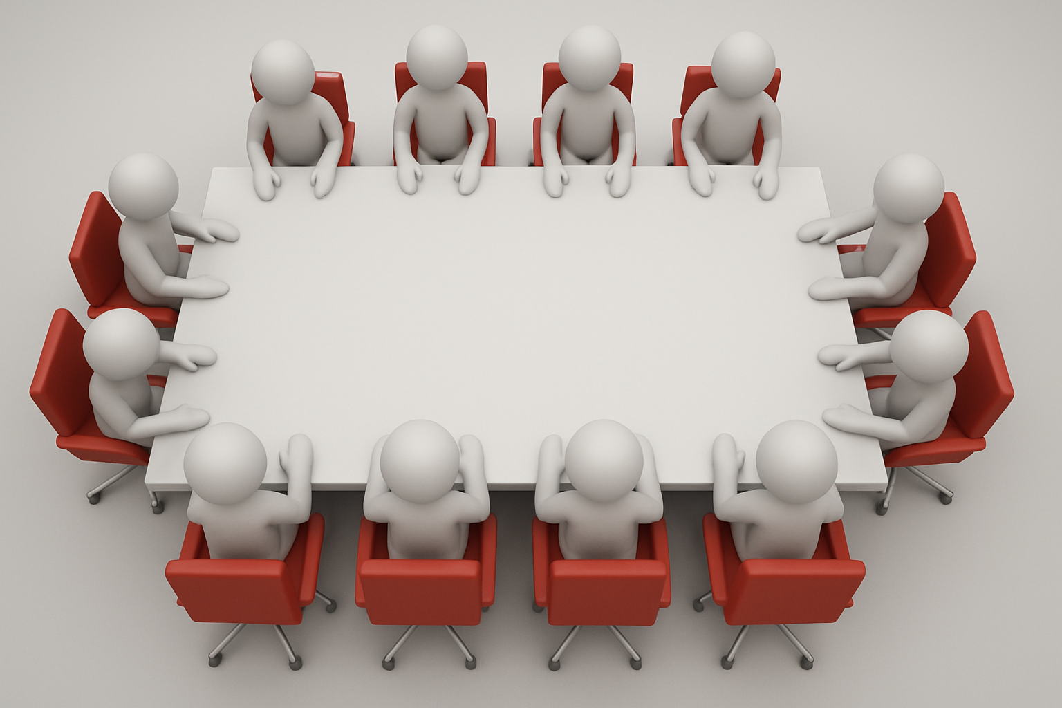 zwölf weiße Figuren, die auf roten Stühlen an einem weißen Tisch sitzen 