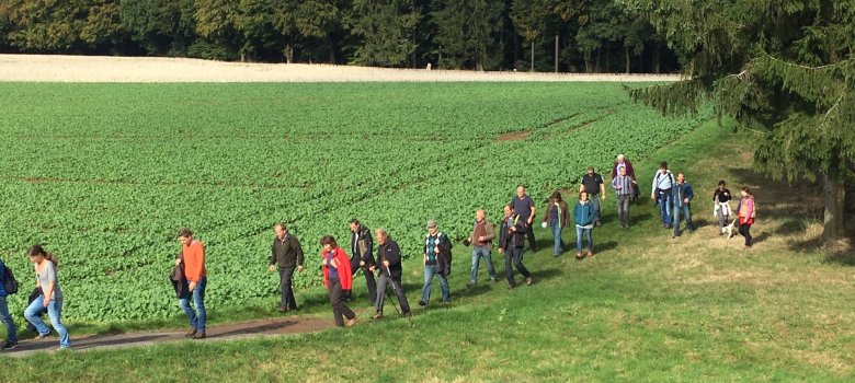 Personen auf einem feld vor dem Wald 