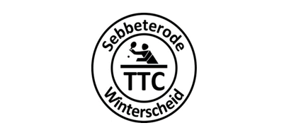 Auf dem Bild ist das Logo des Tischtennisvereins Sebbeterode Winterscheid zu sehen; das Logo ist rund, im äußeren Kreis steht oben in schwarzer Schrift Sebbeterode und unten Winterscheid; in der Mitte im inneren Kreis ist in schwarz eine Figur zu sehen, die einen Tischtennisschläger in der Hand hält und damit einen Ball schlägt. unter der Figur sind in schwarz  die Buchstaben TTC abgebildet.