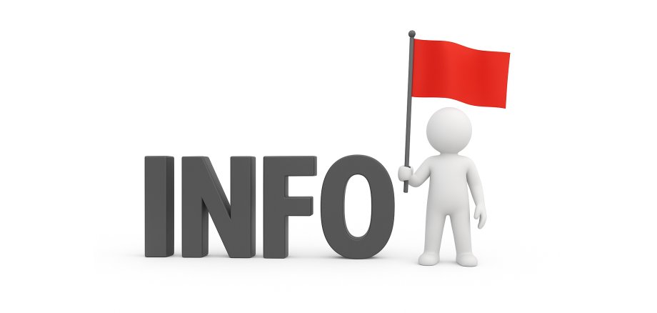 Auf dem Bild ist das Wort Info in grau und 3 D abgebildet. Neben dem Wort steht eine weiße Figur, die eine rote Fahne in der Hand hält.