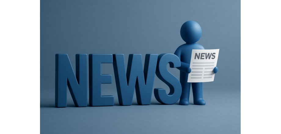 Eine blaue Figur, die neben dem Wort NEWS steht und eine weiße Zeitung in der Hand hält. Das Bild ist in 3D dargestellt. 