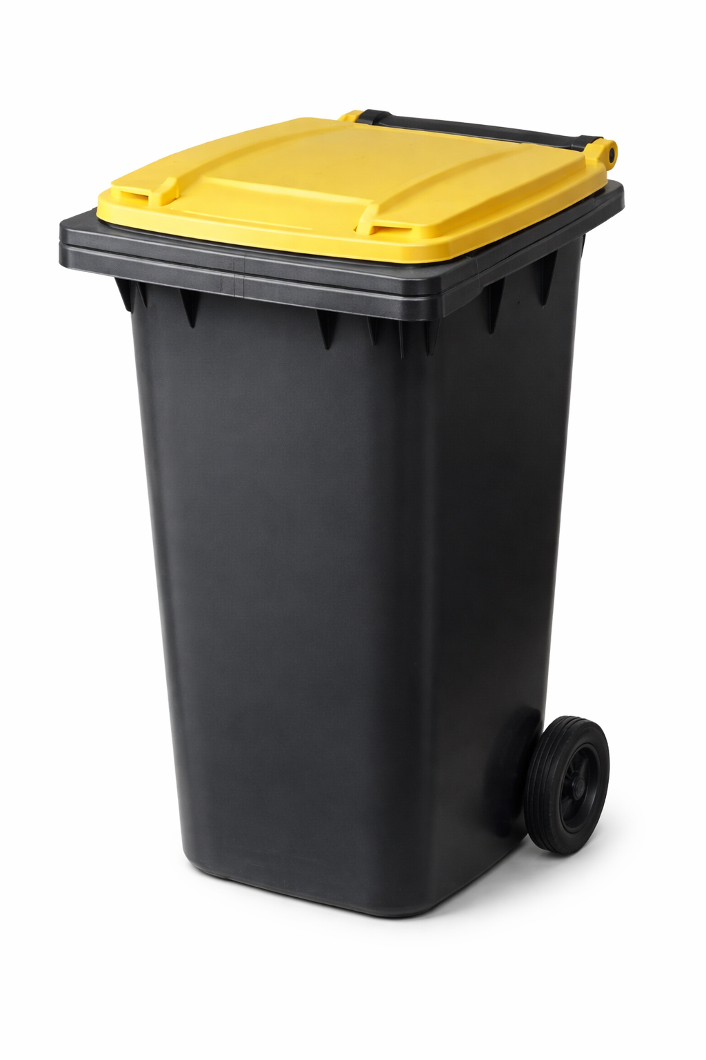Auf dem Bild ist eine schwarze Abfalltonne mit gelben Deckel zu sehen