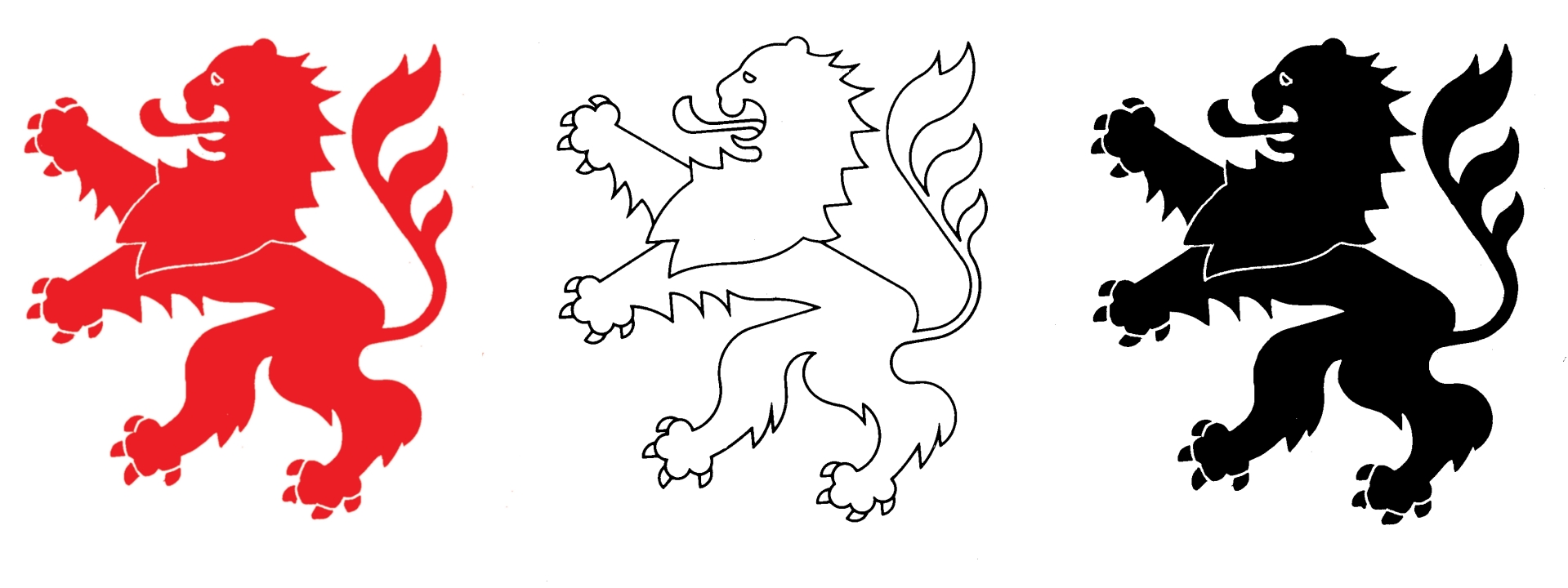 Auf dem Bild ist dreimal der Löwe des Landeswappens von Hessen zu sehen; von links nach rechts in den Farben: rot, weiß und schwarz.