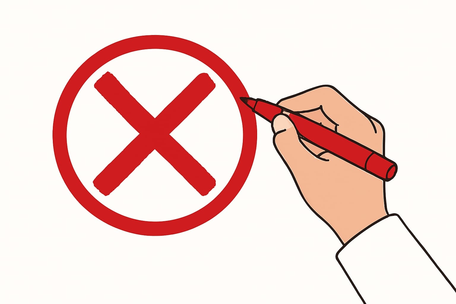 Auf dem Bild ist eine Hand mit einem roten Stift zu sehen, die ein rotes Kreuz in einen Kreis setzt.