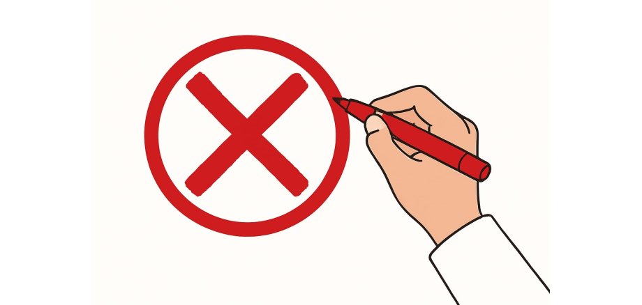 Auf dem Bild ist eine Hand mit einem roten Stift zu sehen, die ein rotes Kreuz in einen Kreis setzt.