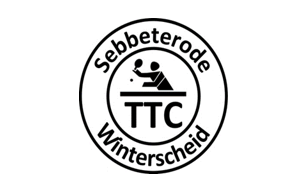 Auf dem Bild ist das Logo des Tischtennisvereins Sebbeterode Winterscheid zu sehen; das Logo ist rund, im äußeren Kreis steht oben in schwarzer Schrift Sebbeterode und unten Winterscheid; in der Mitte im inneren Kreis ist in schwarz eine Figur zu sehen, die einen Tischtennisschläger in der Hand hält und damit einen Ball schlägt. unter der Figur sind in schwarz die Buchstaben TTC abgebildet.