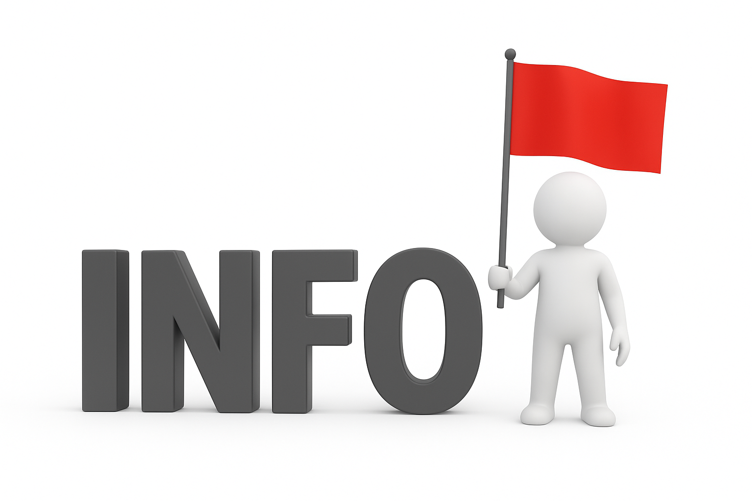 Auf dem Bild ist das Wort Info in grau und 3 D abgebildet. Neben dem Wort steht eine weiße Figur, die eine rote Fahne in der Hand hält. 
