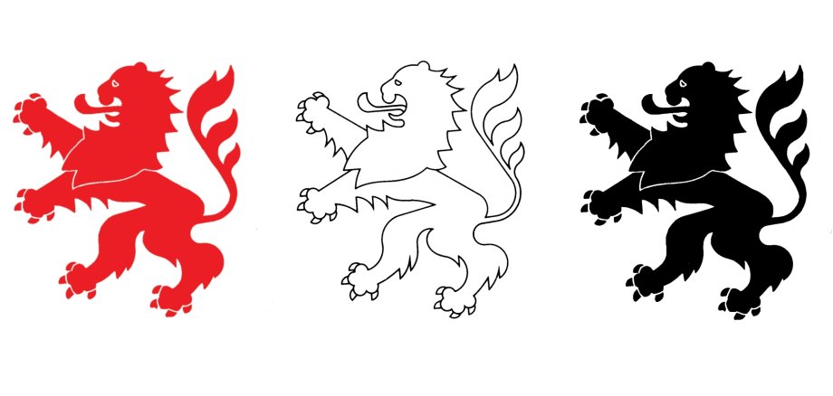 Auf dem Bild ist dreimal der Löwe des Landeswappens von Hessen zu sehen; von links nach rechts in den Farben: rot, weiß und schwarz.