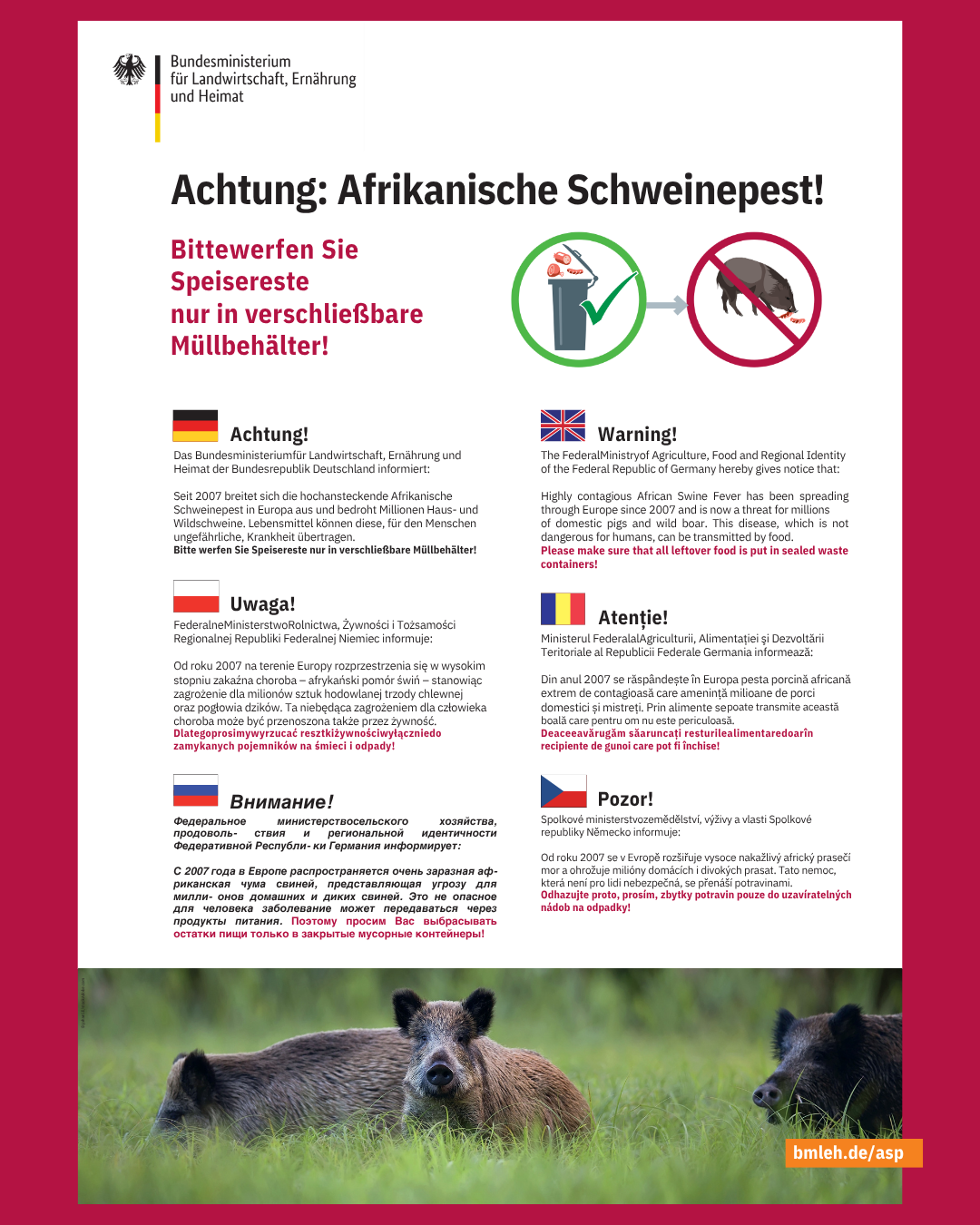 Design ohne Titel - 1 Achtung Afrikanische Schweinepest! Bitte werfen Sie Speisereste nur in verschließbare Müllbehälter!