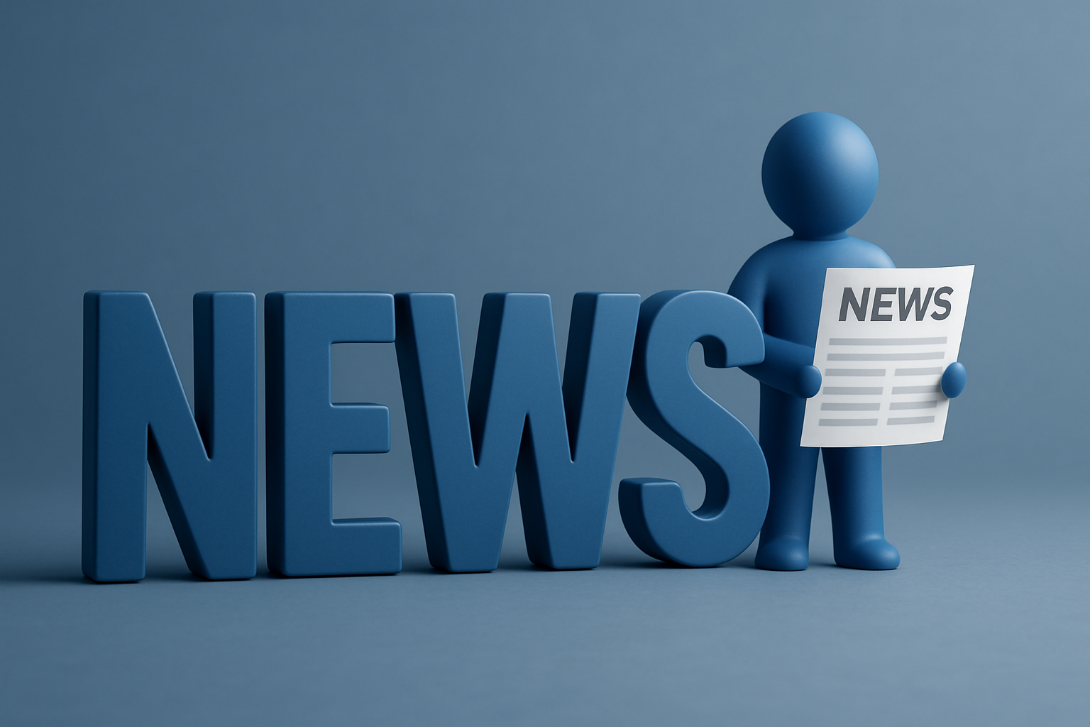 Eine blaue Figur, die neben dem Wort NEWS steht und eine weiße Zeitung in der Hand hält. Das Bild ist in 3D dargestellt. 