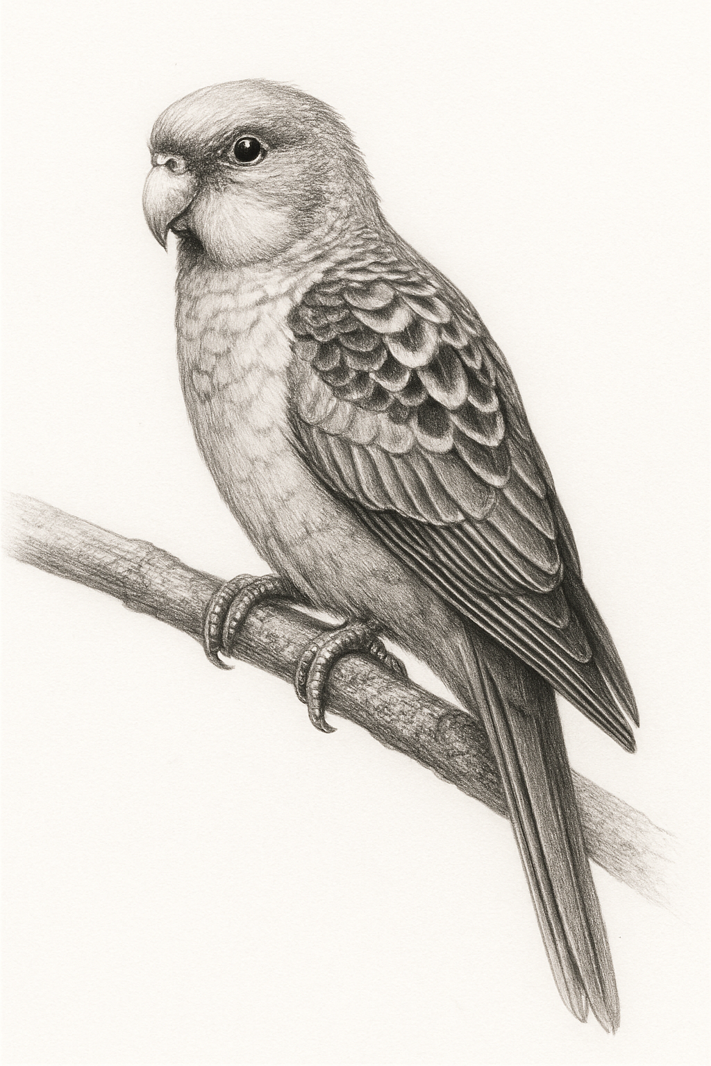 schwarz weiße Zeichnung eines Rosellasittichs, der auf einem Ast sitzt