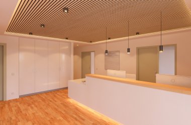 Visualisierung eines modernen Eingangsbereich. Mit Holzboden und weißer Empfangstheke,.