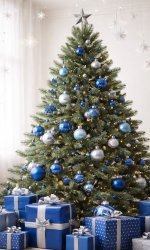 auf dem Bild ist ein Weihnachtsbaum zu sehen an dem blaue Kugeln hängen. vor dem Baum liegen blaue Geschenke