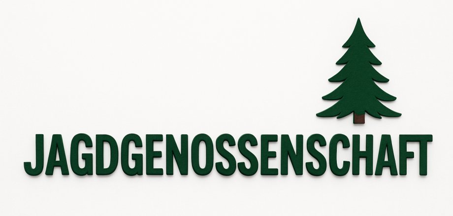 Es ist das Wort Jagdgenossenschaft in der Farbe grün zu sehen; über dem Wort ist ein Tannenbaum abgebildet.